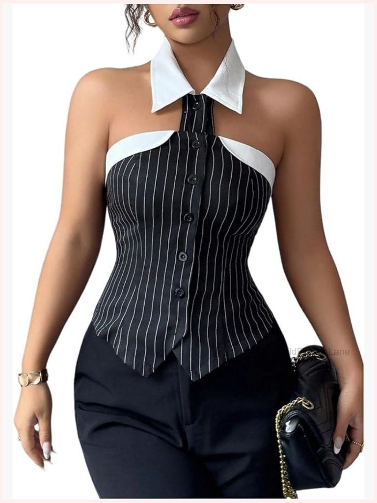 Striped Sleeveless Halter Blouse Collared Button Up Top For Work Party